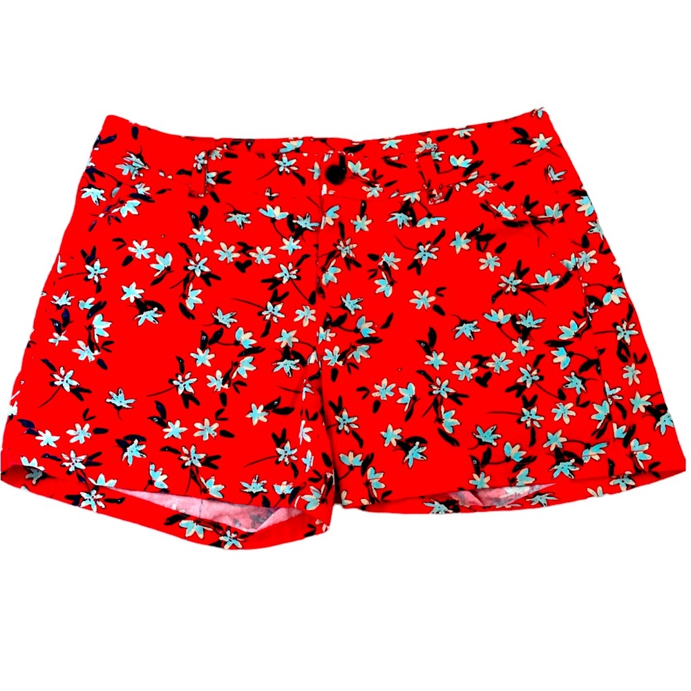 Womens red floral twill shorts